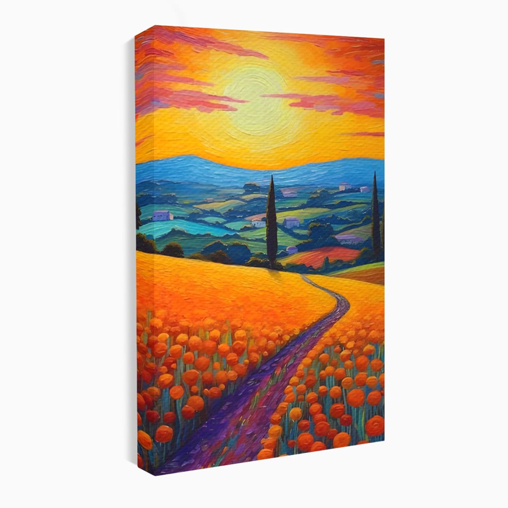 Tablou canvas cu pictura peisaj cu drum si chiparos, fara rama, pe sasiu de lemn